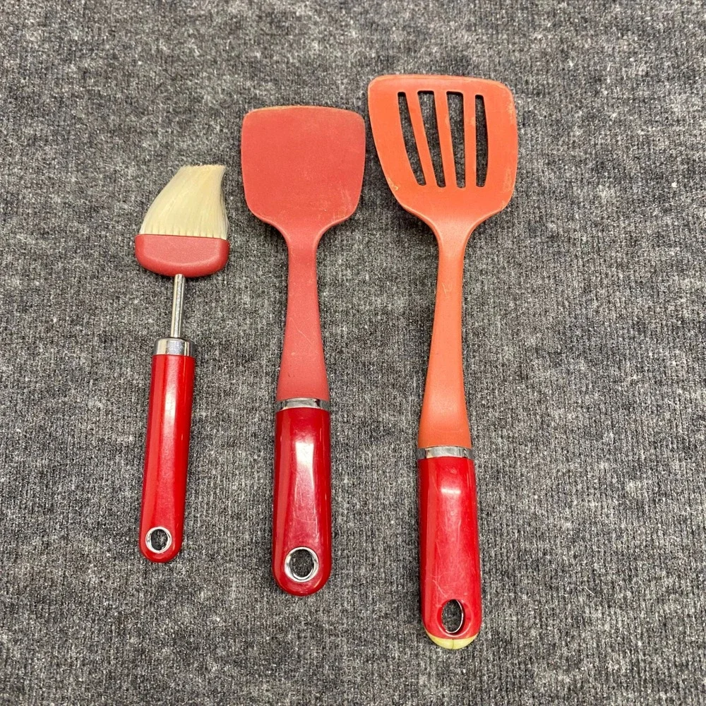 KitchenAid Red Silicone Utensil Set 3pc Slotted Turner Spatula Basting Brush